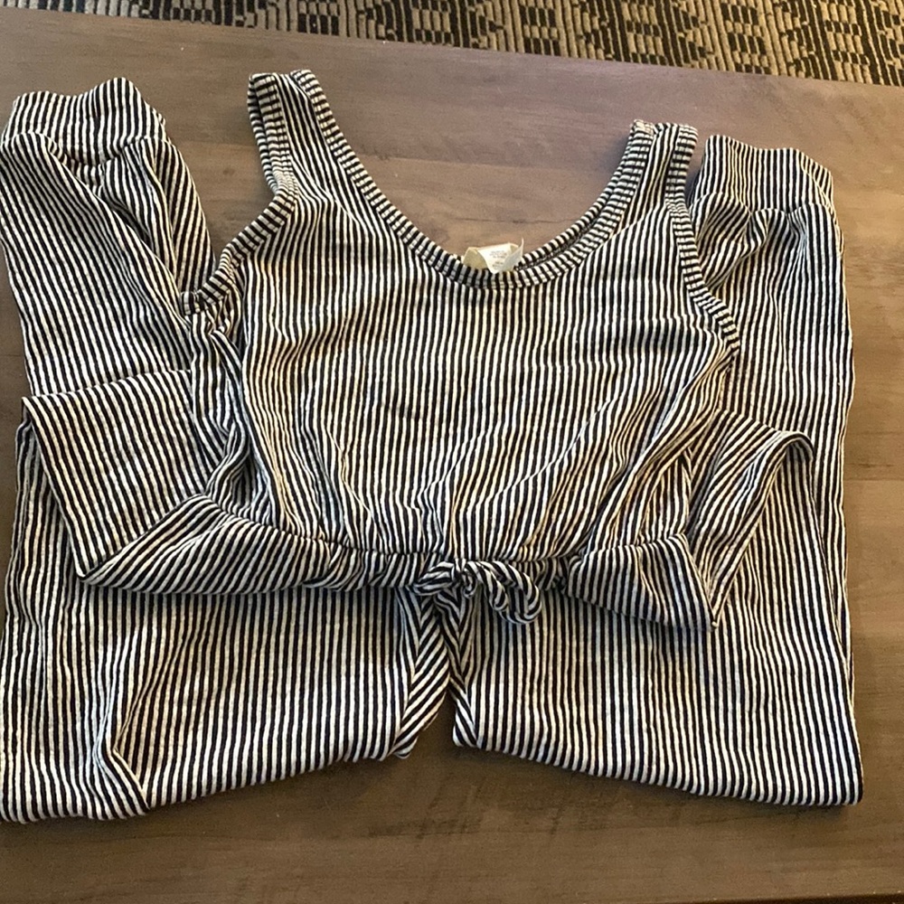 Black and white striped romper. Comfortable!